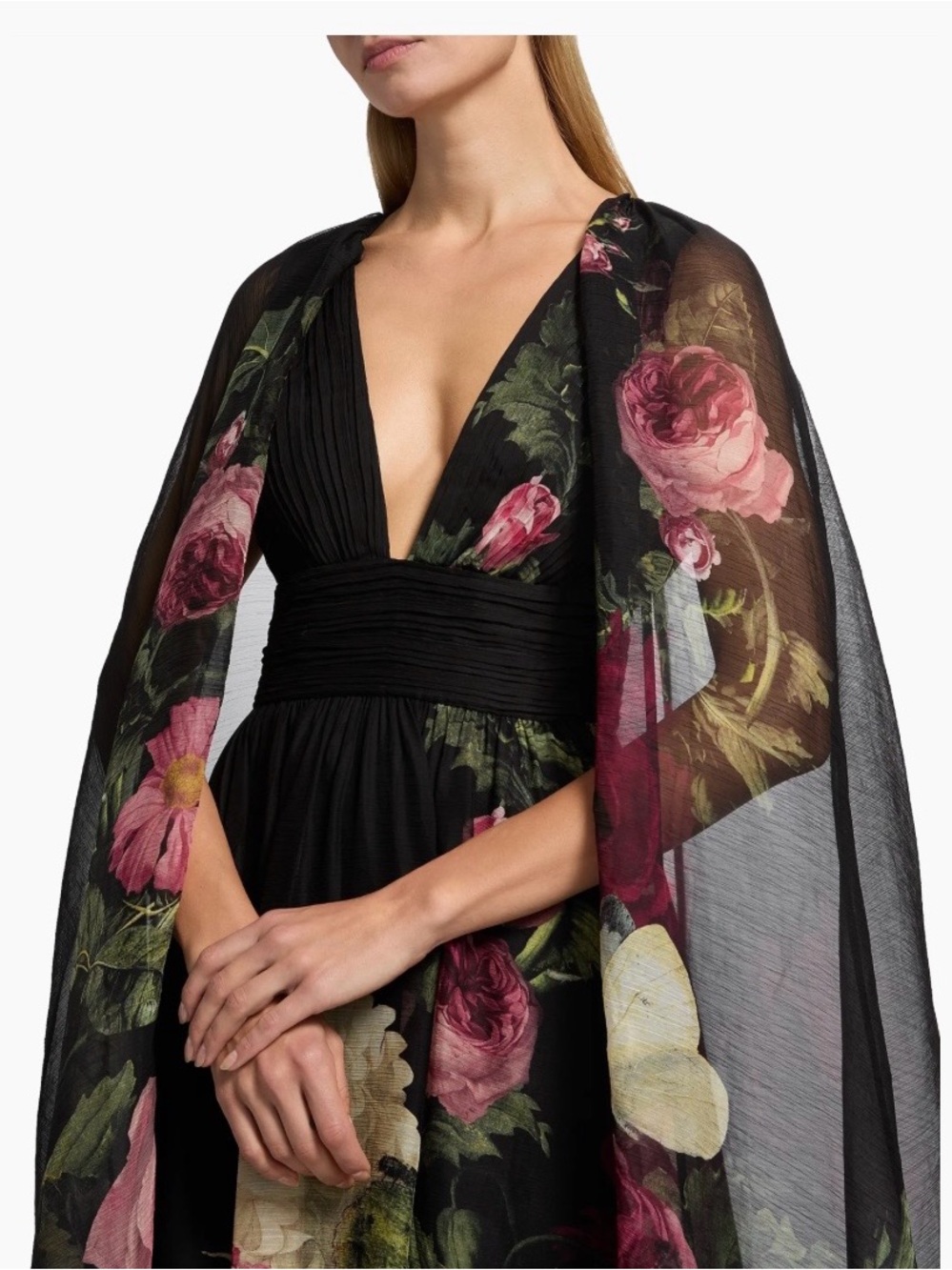 Alice + Olivia Black Maxi Dress royal  Floral Print cape back gown12 nwt - Picture 4 of 16